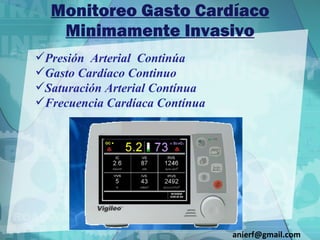 Monitoreo Gasto Cardíaco Minimamente Invasivo Presión  Arterial  Continúa Gasto Cardíaco Continuo Saturación Arterial Contínua Frecuencia Cardíaca Contínua [email_address] 
