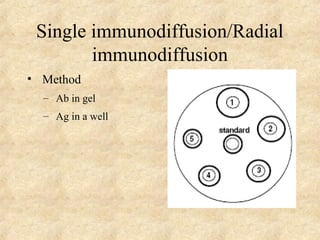 Single immunodiffusion/Radial 
immunodiffusion 
• Method 
– Ab in gel 
– Ag in a well 
 
