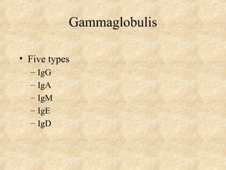 Gammaglobulis 
• Five types 
– IgG 
– IgA 
– IgM 
– IgE 
– IgD 
 