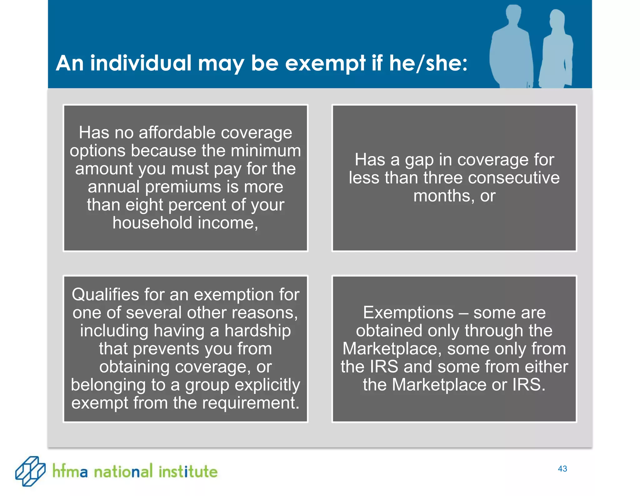 43
Has no affordable coverage
options because the minimum
amount you must pay for the
annual premiums is more
than eight percent of your
household income,
Has a gap in coverage for
less than three consecutive
months, or
Qualifies for an exemption for
one of several other reasons,
including having a hardship
that prevents you from
obtaining coverage, or
belonging to a group explicitly
exempt from the requirement.
Exemptions – some are
obtained only through the
Marketplace, some only from
the IRS and some from either
the Marketplace or IRS.
An individual may be exempt if he/she:
 