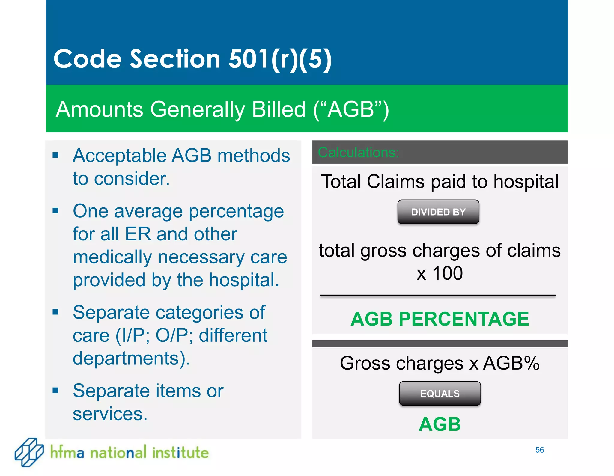 56
Code Section 501(r)(5)
Amounts Generally Billed (“AGB”)
 Acceptable AGB methods
to consider.
 One average percentage
for all ER and other
medically necessary care
provided by the hospital.
 Separate categories of
care (I/P; O/P; different
departments).
 Separate items or
services.
Total Claims paid to hospital
total gross charges of claims
x 100
AGB PERCENTAGE
Calculations:
DIVIDED BY
Gross charges x AGB%
AGB
EQUALS
 