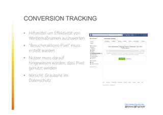 CONVERSION TRACKING
• Hilfsmittel um Effektivität von
Werbemaßnamen auszuwerten
• “Besucheraktions-Pixel” muss
erstellt warden
• Nutzer muss darauf
hingewiesen warden, dass Pixel
genutzt werden
• Vorsicht: Grauzone im
Datenschutz
http://www.fog-city.de/
@Adirana @FogCitySF
 