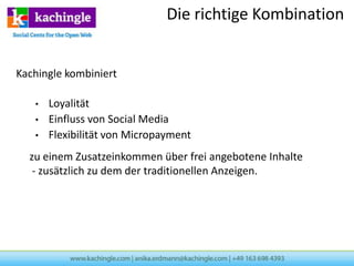 Die richtige Kombination


Kachingle kombiniert

   •   Loyalität
   •   Einfluss von Social Media
   •   Flexibilität von Micropayment
  zu einem Zusatzeinkommen über frei angebotene Inhalte
   - zusätzlich zu dem der traditionellen Anzeigen.
 