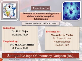 Guided by:
Dr. K.N. Gujar
M.Pharm, Ph.D
Co-guided by:
DR. M.S. GAMBHIRE
M. Pharm, Ph.D
Presented by:
Mr. Aniket A. Vaidya
M. Pharm 1st sem.
Pharmaceutics
Roll no. 522
Sinhgad College Of Pharmacy, Vadgaon (BK),
Pune-41
A seminar on
Date of seminar: 29 OCT. 2015
1
4/17/2016
Aniket A. Vaidya
 