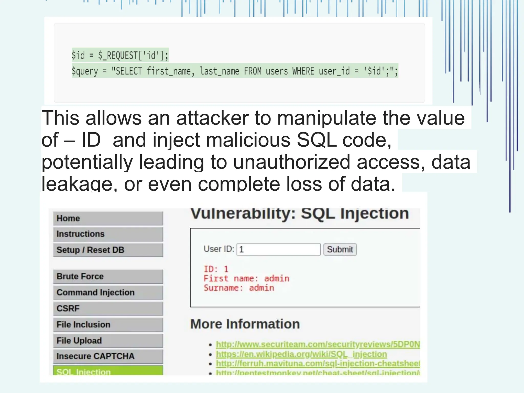 This allows an attacker to manipulate the value of – ID and inject malicious SQL code, potentially leading to unauthorized access, data leakage, or even complete loss of data. 