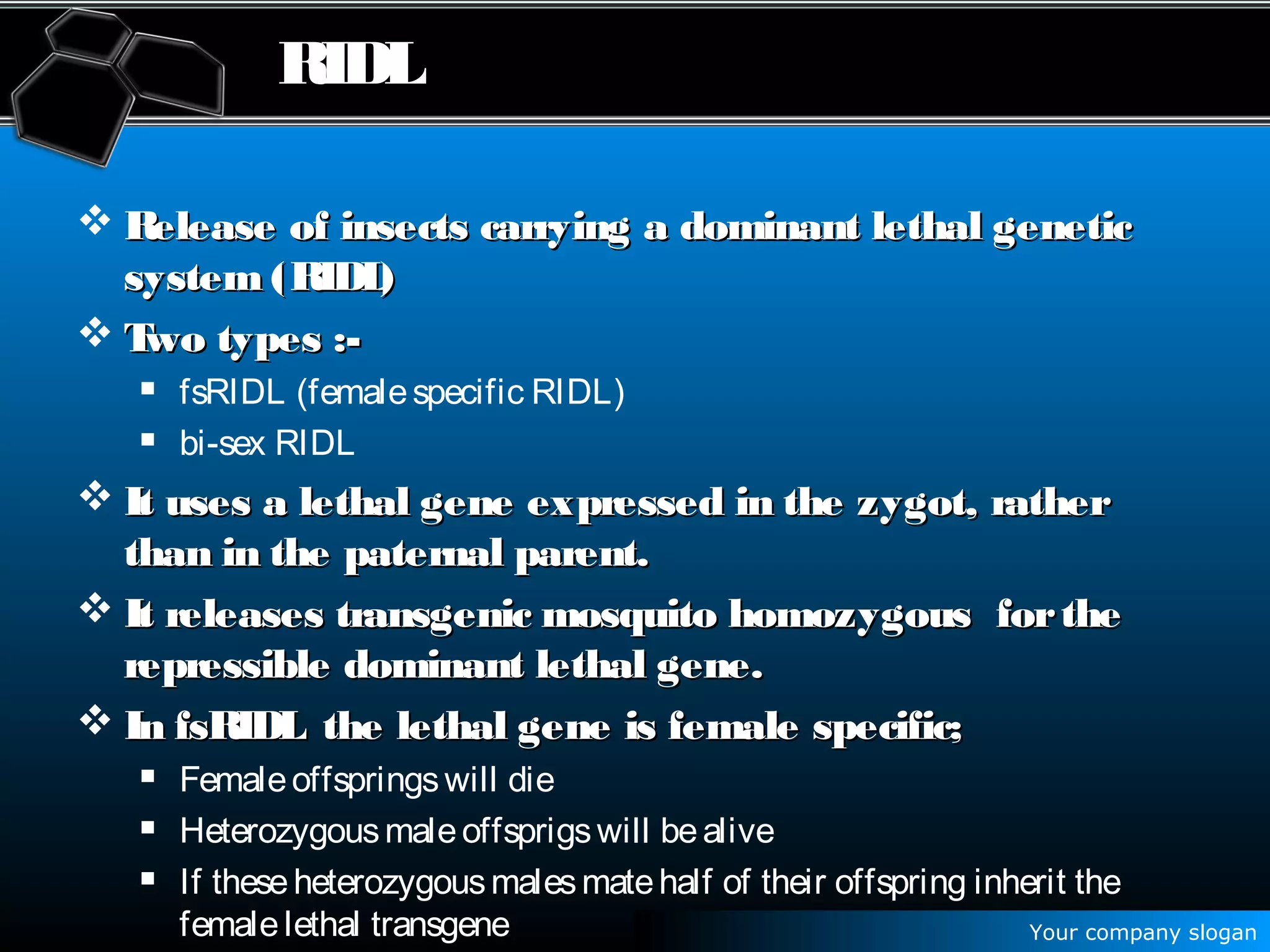 Your company slogan
RIDL
 Release of insects carrying a dominant lethal geneticRelease of insects carrying a dominant lethal genetic
system (RIDL)system (RIDL)
 Two types :-Two types :-
 fsRIDL (femalespecific RIDL)
 bi-sex RIDL
 It uses a lethal gene expressed in the zygot, ratherIt uses a lethal gene expressed in the zygot, rather
than in the paternal parent.than in the paternal parent.
 It releases transgenic mosquito homozygous fortheIt releases transgenic mosquito homozygous forthe
repressible dominant lethal gene.repressible dominant lethal gene.
 In fsRIDL the lethal gene is female specific;In fsRIDL the lethal gene is female specific;
 Femaleoffspringswill die
 Heterozygousmaleoffsprigswill bealive
 If theseheterozygousmalesmatehalf of their offspring inherit the
femalelethal transgene
 