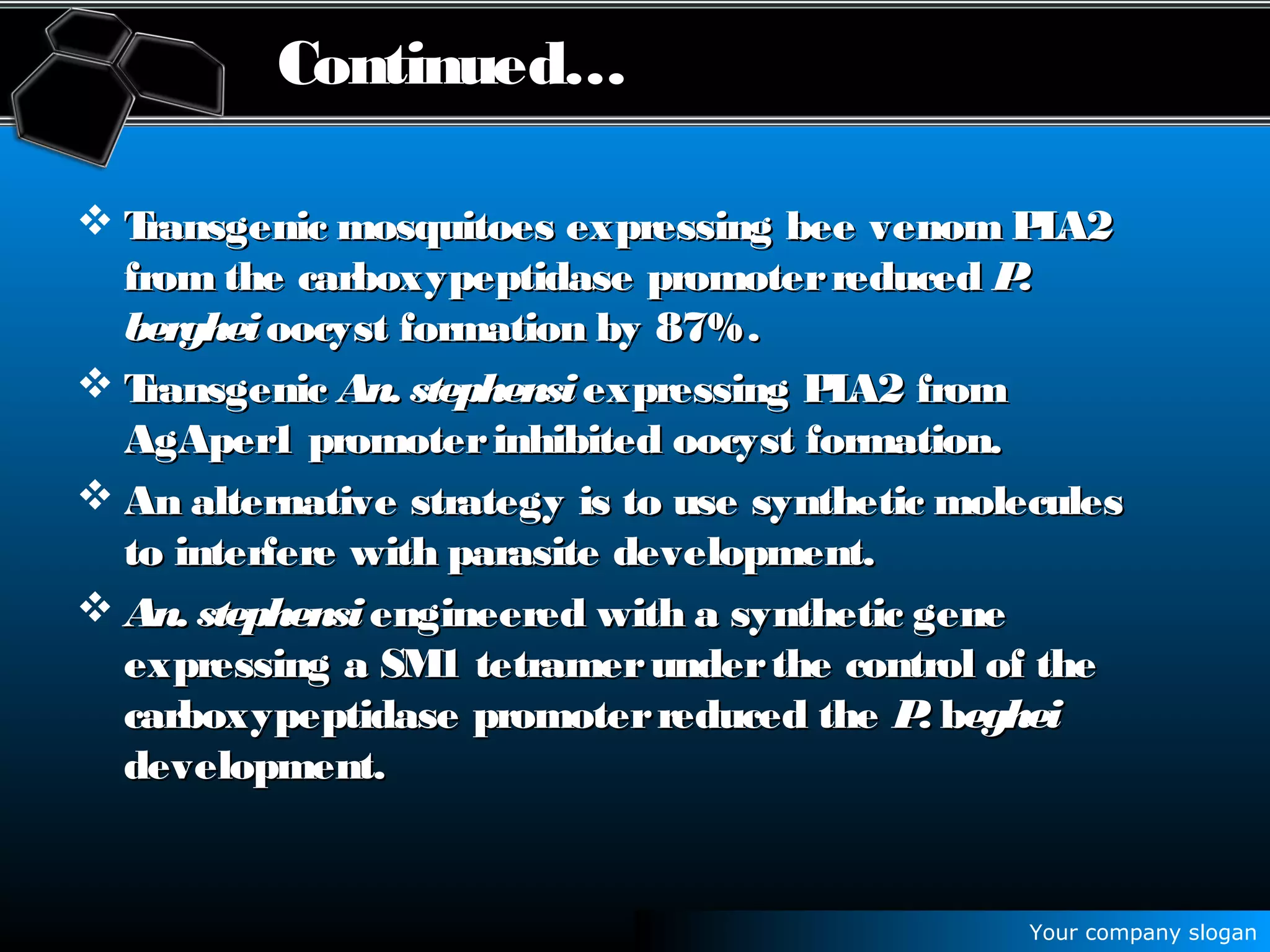 Your company slogan
Continued…
 Transgenic mosquitoes expressing bee venom PLA2Transgenic mosquitoes expressing bee venom PLA2
from the carboxypeptidase promoterreducedfrom the carboxypeptidase promoterreduced P.P.
bergheiberghei oocyst formation by 87%.oocyst formation by 87%.
 TransgenicTransgenic An. stephensiAn. stephensi expressing PLA2 fromexpressing PLA2 from
AgAper1 promoterinhibited oocyst formation.AgAper1 promoterinhibited oocyst formation.
 An alternative strategy is to use synthetic moleculesAn alternative strategy is to use synthetic molecules
to interfere with parasite development.to interfere with parasite development.
 An. stephensiAn. stephensi engineered with a synthetic geneengineered with a synthetic gene
expressing a SM1 tetramerunderthe control of theexpressing a SM1 tetramerunderthe control of the
carboxypeptidase promoterreduced thecarboxypeptidase promoterreduced the P.P. bbegheieghei
development.development.
 