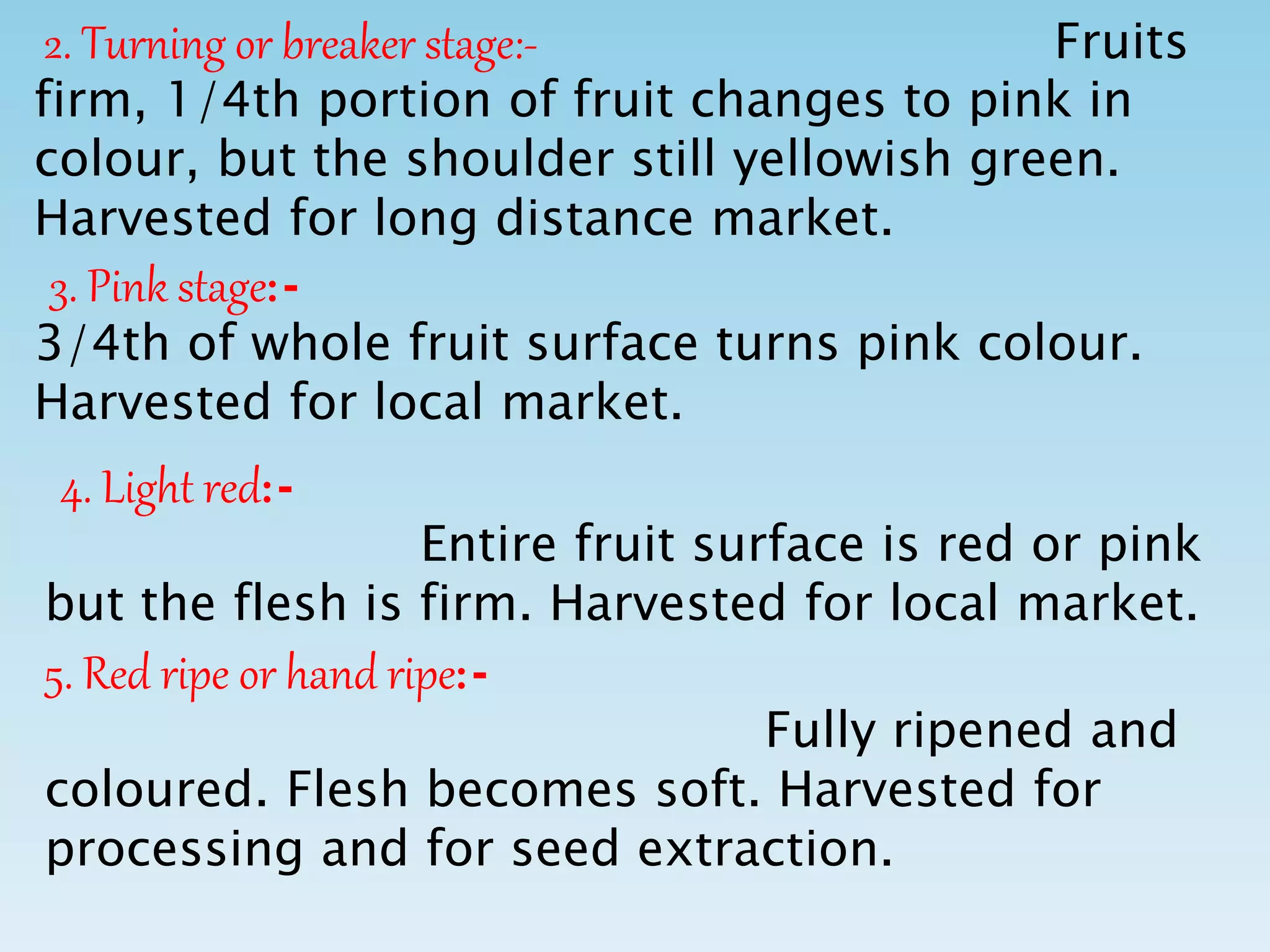 2. Turning or breaker stage:- Fruits
firm, 1/4th portion of fruit changes to pink in
colour, but the shoulder still yellowish green.
Harvested for long distance market.
3. Pink stage:-
3/4th of whole fruit surface turns pink colour.
Harvested for local market.
4. Light red:-
Entire fruit surface is red or pink
but the flesh is firm. Harvested for local market.
5. Red ripe or hand ripe:-
Fully ripened and
coloured. Flesh becomes soft. Harvested for
processing and for seed extraction.
 