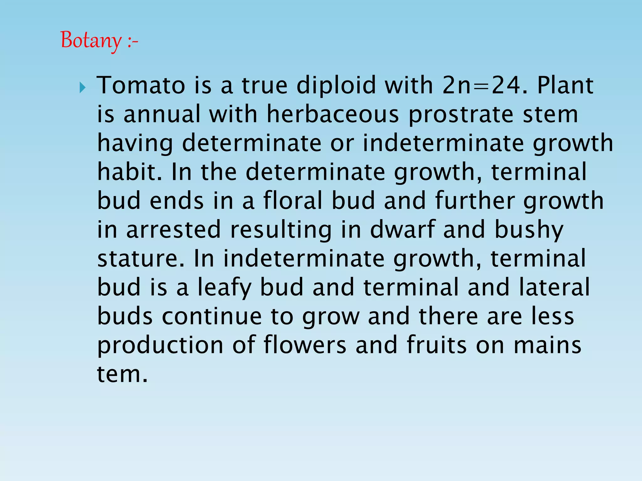  Tomato is a true diploid with 2n=24. Plant
is annual with herbaceous prostrate stem
having determinate or indeterminate growth
habit. In the determinate growth, terminal
bud ends in a floral bud and further growth
in arrested resulting in dwarf and bushy
stature. In indeterminate growth, terminal
bud is a leafy bud and terminal and lateral
buds continue to grow and there are less
production of flowers and fruits on mains
tem.
Botany :-
 