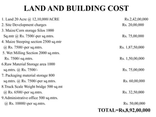 LAND AND BUILDING COST
1. Land 20 Acre @ 12,10,000/ACRE Rs.2,42,00,000
2. Site Development charges Rs. 20,00,000
3. Maize/Corn storage Silos 1000
Sq.mtr @ Rs. 7500/-per sq.mtrs. Rs. 75,00,000
4. Maize Steeping section 2500 sq.mtr
@ Rs. 7500/-per sq.mtrs. Rs. 1,87,50,000
5. Wet Milling Section 2000 sq.mtrs.
Rs. 7500/-sq.mtrs. Rs. 1,50,00,000
6.Raw Material Storage area 1000
sq.mtrs. @ Rs. 7500/- Rs. 75,00,000
7. Packaging material storage 800
sq.mtrs. @ Rs. 7500/-per sq.mtrs. Rs. 60,00,000
8.Truck Scale Weight bridge 500 sq.mt
@ Rs. 6500/-per sq.mtrs. Rs. 32,50,000
9.Administrative office 500 sq.mtrs.
@ Rs. 10000/-per sq.mtrs. Rs. 50,00,000
TOTAL=Rs,8,92,00,000
 