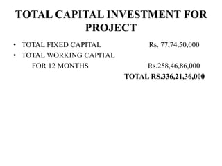 TOTAL CAPITAL INVESTMENT FOR
PROJECT
• TOTAL FIXED CAPITAL Rs. 77,74,50,000
• TOTAL WORKING CAPITAL
FOR 12 MONTHS Rs.258,46,86,000
TOTAL RS.336,21,36,000
 