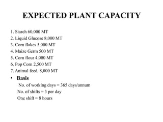 EXPECTED PLANT CAPACITY
1. Starch 60,000 MT
2. Liquid Glucose 8,000 MT
3. Corn flakes 5,000 MT
4. Maize Germ 500 MT
5. Corn flour 4,000 MT
6. Pop Corn 2,500 MT
7. Animal feed, 8,000 MT
• Basis
No. of working days = 365 days/annum
No. of shifts = 3 per day
One shift = 8 hours
 
