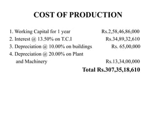 COST OF PRODUCTION
1. Working Capital for 1 year Rs.2,58,46,86,000
2. Interest @ 13.50% on T.C.I Rs.34,89,32,610
3. Depreciation @ 10.00% on buildings Rs. 65,00,000
4. Depreciation @ 20.00% on Plant
and Machinery Rs.13,34,00,000
Total Rs.307,35,18,610
 