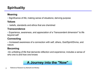 Spirituality
    Meaning
    - Significance of life; making sense of situations; deriving purpose
    Values
    - beliefs, standards and ethics that are cherished
    Transcendence
    - Experience, awareness, and appreciation of a "transcendent dimension" to life
    beyond self
    Connecting
    – Increased awareness of a connection with self, others, God/Spirit/Divine, and
    nature
    Becoming
    -An unfolding of life that demands reflection and experience; includes a sense of
    who one is and how one knows


                               A Journey into the "Now"
4      Reference Research by Martsolf and Mickley
 