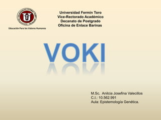 Universidad Fermín ToroVice-Rectorado AcadémicoDecanato de PostgradoOficina de Enlace Barinas Educación Para los Valores HumanosVOKIM.Sc. Anilcia Josefina ValecillosC.I.: 10.562.991Aula: Epistemología Genética.