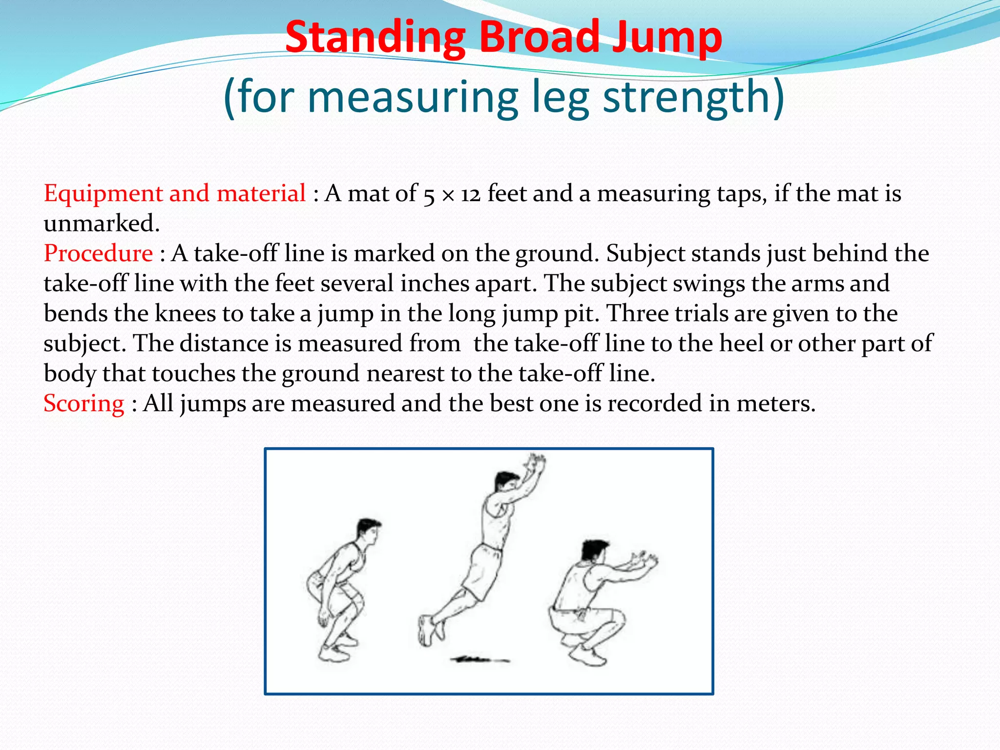 Standing Broad Jump
(for measuring leg strength)
Equipment and material : A mat of 5 × 12 feet and a measuring taps, if the mat is
unmarked.
Procedure : A take-off line is marked on the ground. Subject stands just behind the
take-off line with the feet several inches apart. The subject swings the arms and
bends the knees to take a jump in the long jump pit. Three trials are given to the
subject. The distance is measured from the take-off line to the heel or other part of
body that touches the ground nearest to the take-off line.
Scoring : All jumps are measured and the best one is recorded in meters.
 