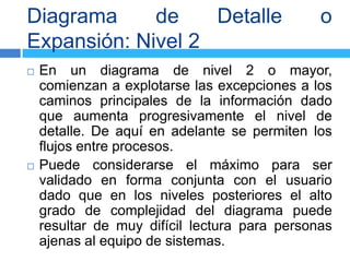 Diagrama     de    Detalle                     o
Expansión: Nivel 2
   En un diagrama de nivel 2 o mayor,
    comienzan a explotarse las excepciones a los
    caminos principales de la información dado
    que aumenta progresivamente el nivel de
    detalle. De aquí en adelante se permiten los
    flujos entre procesos.
   Puede considerarse el máximo para ser
    validado en forma conjunta con el usuario
    dado que en los niveles posteriores el alto
    grado de complejidad del diagrama puede
    resultar de muy difícil lectura para personas
    ajenas al equipo de sistemas.
 