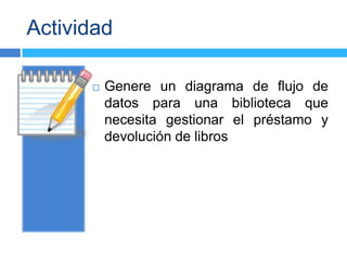 Actividad

         Genere un diagrama de flujo de
          datos para una biblioteca que
          necesita gestionar el préstamo y
          devolución de libros
 