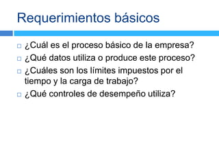 Requerimientos básicos
   ¿Cuál es el proceso básico de la empresa?
   ¿Qué datos utiliza o produce este proceso?
   ¿Cuáles son los límites impuestos por el
    tiempo y la carga de trabajo?
   ¿Qué controles de desempeño utiliza?
 