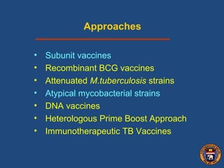 Approaches
• Subunit vaccines
• Recombinant BCG vaccines
• Attenuated M.tuberculosis strains
• Atypical mycobacterial strains
• DNA vaccines
• Heterologous Prime Boost Approach
• Immunotherapeutic TB Vaccines
 