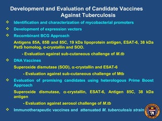 Development and Evaluation of Candidate Vaccines
Against Tuberculosis
 Identification and characterization of mycobacterial promoters
 Development of expression vectors
 Recombinant BCG Approach
Antigens 85A, 85B and 85C, 19 kDa lipoprotein antigen, ESAT-6, 38 kDa
PstS homolog, α-crystallin and SOD.
- Evaluation against sub-cutaneous challenge of M.tb
 DNA Vaccines
Superoxide dismutase (SOD), α-crystallin and ESAT-6
- Evaluation against sub-cutaneous challenge of Mtb
 Evaluation of promising candidates using heterologous Prime Boost
Approach
Superoxide dismutase, α-crystallin, ESAT-6, Antigen 85C, 38 kDa
antigen
- Evaluation against aerosol challenge of M.tb
 Immunotherapeutic vaccines and attenuated M. tuberculosis strains
 