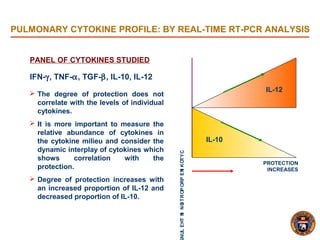 IL-12
IL-10
PROTECTION
INCREASES
CYTOKINEPROPORTIONINTHELUN
IFN-γ, TNF-α, TGF-β, IL-10, IL-12
PANEL OF CYTOKINES STUDIED
 The degree of protection does not
correlate with the levels of individual
cytokines.
 It is more important to measure the
relative abundance of cytokines in
the cytokine milieu and consider the
dynamic interplay of cytokines which
shows correlation with the
protection.
 Degree of protection increases with
an increased proportion of IL-12 and
decreased proportion of IL-10.
PULMONARY CYTOKINE PROFILE: BY REAL-TIME RT-PCR ANALYSIS
 