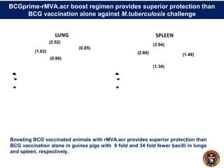 BCGprime-rMVA.acr boost regimen provides superior protection than
BCG vaccination alone against M.tuberculosis challenge
Boosting BCG vaccinated animals with rMVA.acr provides superior protection than
BCG vaccination alone in guinea pigs with 9 fold and 34 fold fewer bacilli in lungs
and spleen, respectively.
Log10CFU/lung
LUNG
Log10CFU/spleen
SPLEEN
(1.63)
(2.52)
(0.89)
(0.85)
(2.60)
(3.94)
(1.34)
(1.49)
 