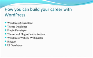 How you can build your career with
WordPress
WordPress Consultant
Theme Developer
Plugin Developer
Theme and Plugin Customization
WordPress Website Webmaster
Blogger
UI Developer
 