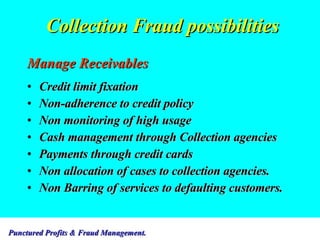 Collection Fraud possibilities Manage Receivables Credit limit fixation Non-adherence to credit policy Non monitoring of high usage Cash management through Collection agencies Payments through credit cards Non allocation of cases to collection agencies. Non Barring of services to defaulting customers. 