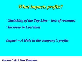 What impacts profits? Shrinking of the Top Line – loss of revenues Increase in Cost lines  Impact = A Hole in the company’s profits 