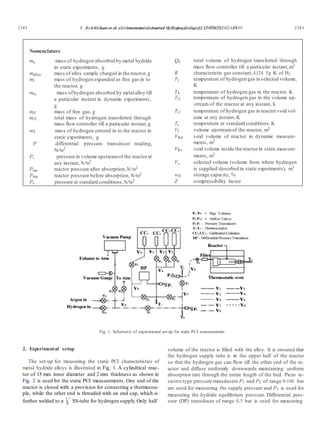 E. Anil Kumar et al. / International Journal of Hydrogen Energy 32 (2007) 2382 – 2389 23832383 E. Anil Kumar et al. / International Journal of Hydrogen Energy 32 (2007) 2382 – 2389
4
Nomenclature
ma mass of hydrogen absorbed by metal hydride
in static experiments, g
malloy mass of alloy sample charged in the reactor, g
mf mass of hydrogen expanded as free gas in to
the reactor, g
mia mass ofhydrogen absorbed by metalalloy till
a particular instant in dynamic experiments,
g
mif mass of free gas, g
miT total mass of hydrogen transferred through
mass ﬂow controller till a particular instant,g
mT mass of hydrogen entered in to the reactor in
static experiments, g
P differential pressure transducer reading,
N/m2
Pi pressure in volume upstreamof the reactorat
any instant, N/m2
Praa reactor pressure after absorption,N/m2
Prba reactor pressure before absorption, N/m2
Ps pressure at standard conditions, N/m2
Qit total volume of hydrogen transferred through
mass ﬂow controller till a particular instant,m3
R characteristic gas constant,4.124 J/g K of H2
T1 temperature of hydrogen gas in selected volume,
K
T4 temperature of hydrogen gas in the reactor, K
Ti2 temperature of hydrogen gas in the volume up-
stream of the reactor at any instant, K
Ti3 temperature of hydrogen gas in reactor void vol-
ume at any instant, K
Ts temperature at standard conditions,K
Vf volume upstream of the reactor, m3
VRd void volume of reactor in dynamic measure-
ments, m3
VRs void volume inside the reactorin static measure-
ments, m3
Vs selected volume (volume from where hydrogen
is supplied/desorbed in static experiments), m3
wH storage capacity, %
Z compressibility factor
Fig. 1. Schematic of experimental set-up for static PCI measurements.
2. Experimental setup
The set-up for measuring the static PCI characteristics of
metal hydride alloys is illustrated in Fig. 1. A cylindrical reac-
tor of 15 mm inner diameter and 2 mm thickness as shown in
Fig. 2 is used for the static PCI measurements. One end of the
reactor is closed with a provision for connecting a thermocou-
ple, while the other end is threaded with an end cap, which is
further welded to a 1 ∗∗
SS-tube for hydrogen supply.Only half
volume of the reactor is ﬁlled with the alloy. It is ensured that
the hydrogen supply tube is in the upper half of the reactor
so that the hydrogen gas can ﬂow till the other end of the re-
actor and diffuse uniformly downwards maintaining uniform
absorption rate through the entire length of the bed. Piezo re-
sistive type pressure transducers P1 and P2 of range 0–100 bar
are used for measuring the supply pressure and P3 is used for
measuring the hydride equilibrium pressure. Differential pres-
sure (DP) transducer of range 0.5 bar is used for measuring
 