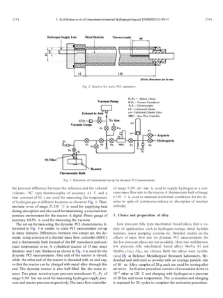 E. Anil Kumar et al. / International Journal of Hydrogen Energy 32 (2007) 2382 – 2389 23842384 E. Anil Kumar et al. / International Journal of Hydrogen Energy 32 (2007) 2382 – 2389
Fig. 2. Reactor for static PCI measurements.
Fig. 3. Schematic of experimental set-up for dynamic PCI measurements.
the pressure difference between the reference and the selected
volumes. “K” type thermocouples of accuracy ±1 ◦
C and a
time constant of 0.2 s are used for measuring the temperature
of hydrogen gas at different locations as shown in Fig. 1. Ther-
mostatic oven of range 27.350 ◦
C is used for supplying heat
during desorption and also used for maintaining a constant tem-
perature environment for the reactor. A digital Pirani gauge of
accuracy ±0.5% is used for measuring the vacuum.
The set-up for measuring the dynamic PCI characteristics il-
lustrated in Fig. 3 is similar to static PCI measurement set-up
in many features. Differences between two setups are, the dy-
namic setup consists of a thermal mass ﬂow controller (MFC)
and a thermostatic bath instead of the DP transducer and con-
stant temperature oven. A cylindrical reactor of 15 mm inner
diameter and 2 mm thickness as shown in Fig. 4 is used for the
dynamic PCI measurements. One end of the reactor is closed,
while the other end of the reactor is threaded with an end cap,
so that the reactor can be charged with metal alloy through this
end. The dynamic reactor is also half ﬁlled like the static re-
actor. Two piezo resistive type pressure transducers P1, P2 of
range 0.100 bar are used for measuring hydrogen supply pres-
sure and reactorpressure respectively.The mass ﬂowcontroller
of range 0.100 ml/ min is used to supply hydrogen at a con-
stant mass ﬂow rate to the reactor.A thermostatic bath of range
0.100 ◦
C is used to maintain isothermal conditions for the re-
actor in spite of continuous release or absorption of reaction
enthalpy.
3. Choice and preparation of alloy
Low pressure AB5 type mischmetal based alloys ﬁnd a va-
riety of applications such as hydrogen storage, metal hydride
batteries, water pumping systems etc. Detailed studies on the
effects of mass ﬂow rate on dynamic PCI measurements for
the low pressure alloys are not available. Here two well-known
low pressure AB5 mischmetal based alloys MmNi4 Al and
MmNi3.9 Co0.5 Al0.6 are chosen. Both the alloys were synthe-
sised [8] at Defence Metallurgical Research Laboratory, Hy-
derabad and delivered as powder with an average particle size
of 50 m. Alloy samples of 20 g each are used for testing after
activation. Activation procedure consists of evacuation down to
10−3
mbar at 120 ◦
C and charging with hydrogen at a pressure
of 20 bar and room temperature. The evacuation and charging
is repeated for 20 cycles to complete the activation procedure.
 
