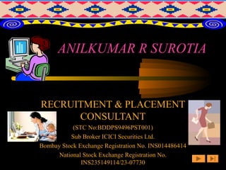 ANILKUMAR R SUROTIA


RECRUITMENT & PLACEMENT
      CONSULTANT
           (STC No:BDDPS9496PST001)
          Sub Broker ICICI Securities Ltd.
Bombay Stock Exchange Registration No. INS014486414
      National Stock Exchange Registration No.
              INS235149114/23-07730
 