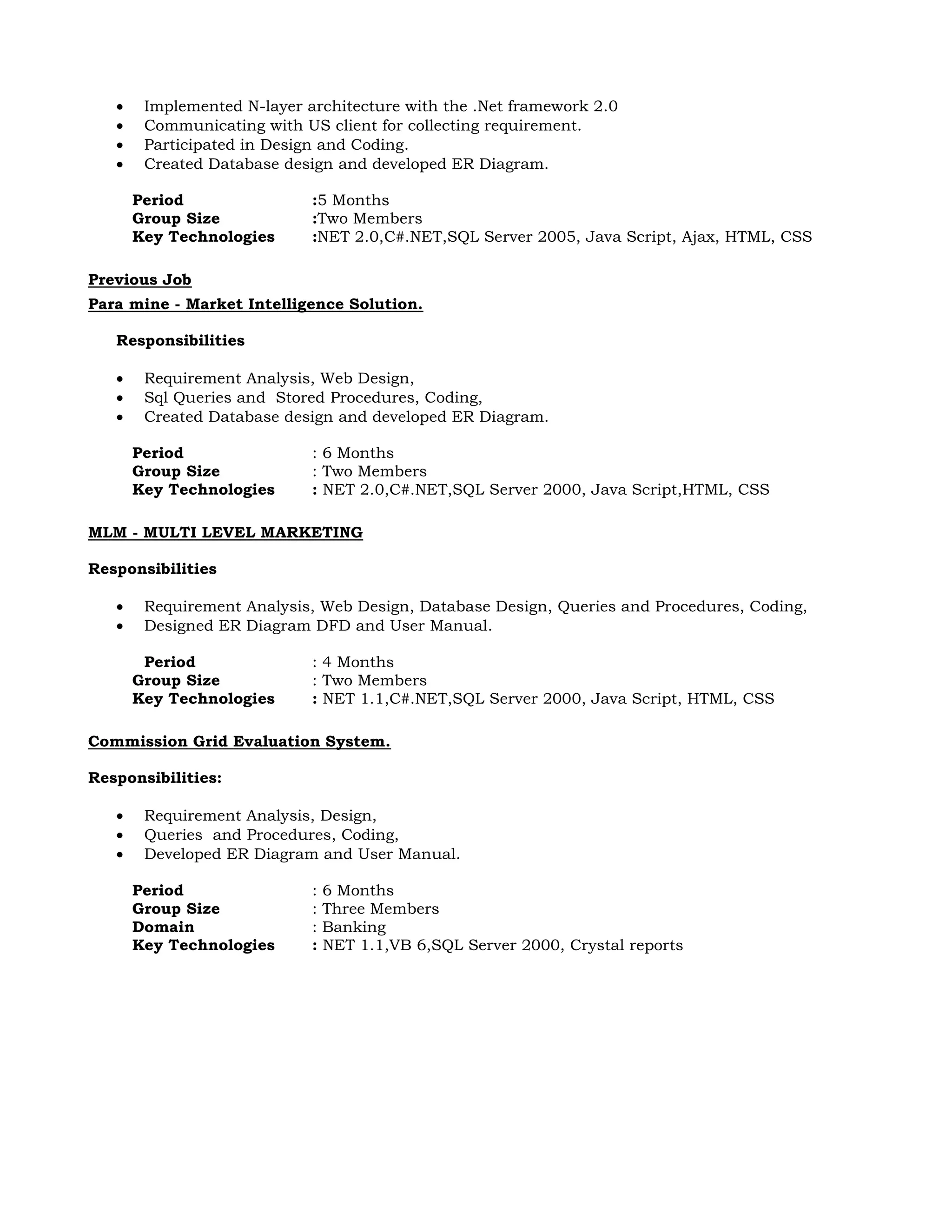  Implemented N-layer architecture with the .Net framework 2.0
 Communicating with US client for collecting requirement.
 Participated in Design and Coding.
 Created Database design and developed ER Diagram.
Period :5 Months
Group Size :Two Members
Key Technologies :NET 2.0,C#.NET,SQL Server 2005, Java Script, Ajax, HTML, CSS
Previous Job
Para mine - Market Intelligence Solution.
Responsibilities
 Requirement Analysis, Web Design,
 Sql Queries and Stored Procedures, Coding,
 Created Database design and developed ER Diagram.
Period : 6 Months
Group Size : Two Members
Key Technologies : NET 2.0,C#.NET,SQL Server 2000, Java Script,HTML, CSS
MLM - MULTI LEVEL MARKETING
Responsibilities
 Requirement Analysis, Web Design, Database Design, Queries and Procedures, Coding,
 Designed ER Diagram DFD and User Manual.
Period : 4 Months
Group Size : Two Members
Key Technologies : NET 1.1,C#.NET,SQL Server 2000, Java Script, HTML, CSS
Commission Grid Evaluation System.
Responsibilities:
 Requirement Analysis, Design,
 Queries and Procedures, Coding,
 Developed ER Diagram and User Manual.
Period : 6 Months
Group Size : Three Members
Domain : Banking
Key Technologies : NET 1.1,VB 6,SQL Server 2000, Crystal reports
 