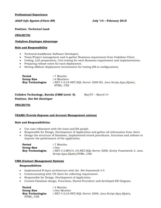 Professional Experience
ASAP Info System (Client HP) July ’14 – February 2015
Position: Technical Lead
PROJECTS:
Vodafone Employee Advantage
Role and Responsibility
 Technical lead(Senior Software Developer).
 Team/Project management and to gather Business requirement from Vodafone Client.
 Coding, LLD preparation, Unit testing for each Business requirement and implementation.
 Preparing release notes for each deployment.
 Setting offshore deployment environment for testing (IIS is configuration).
Period : 7 Months
Group Size : 6 Members
Key Technologies : NET 4.5,C#.NET,SQL Server 2008 R2, Java Script,Ajax,JQuery,
HTML, CSS
Collabra Technology, Baroda (CMM Level -5) May’07 – March’14
Position: Dot Net Developer
PROJECTS:
TEAMS (Travels Expense and Account Management system)
Role and Responsibilities:
 Use case refinement with the team and BA people.
 Responsible for Design, Development of Application and gather all information from client
 Design the structure of Database, Implemented stored procedures, functions and indexes to
improve the performance of the application.
Period : 7 Months.
Group Size : One
Key Technologies : NET 4.5,MVC4, C#.NET,SQL Server 2008, Entity Framework 5, Java
Script,Ajax,JQuery,HTML, CSS
CMS (Contact Management System)
Responsibilities
 Implemented N-layer architecture with the .Net framework 4.5
 Communicating with US client for collecting requirement.
 Responsible for Design, Development of Application
 Created Database design, Functions, Stored Procedure and developed ER Diagram.
Period : 4 Months
Group Size : One Member
Key Technologies : NET 4.5,C#.NET,SQL Server 2008, Java Script,Ajax,JQuery,
HTML, CSS
 