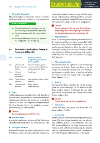 136 Chapter 8 · The Lower Extremity
8
j
Timing for Emphasis
The emphasis here is to teach the patient to combine
hip flexion with knee extension in a smooth motion.
Points to Remember
4 Good elongation and rotation in the hip
are necessary to facilitate the hip motion.
4 Do not cause pain with the stretch of the
knee.
4 The hip and knee motions occur together,
the end position is a straight leg.
8.4 Extension–Adduction–External
Rotation (. Fig. 8.5)
Joint Movement Muscles: principal
components (Kendall and
McCreary 1993)
Hip Extension, ad-
duction, external
rotation
Adductor magnus, gluteus
maximus, hamstrings, lateral
rotators, external rotators
Knee Extended
(positions
unchanged)
Quadriceps
Ankle Plantar-flexion,
inversion
Gastrocnemius, soleus, tibialis
posterior
Toes Flexion, medial
deviation
Flexor hallucis,
flexor digitorum
j
Grip
Hold the plantar surface of the foot with the palm of
your left hand. Your thumb is at the base of the toes
to facilitate toe flexion. Be careful not to block the
flexion of the toes. Your fingers hold the medial bor-
der of the foot, the heel of your hand gives counter-
pressure along the lateral border.
> Caution
Do not squeeze or pinch the foot.
k
Proximal Hand
Your right hand comes underneath the thigh from
lateral to medial to hold on the posteromedial side.
j
Elongated Position
Traction the entire leg while moving the foot into
dorsiflexion and eversion. Continue the traction and
maintain the internal rotation as you lift the leg into
flexion and abduction. If the patient has just com-
pleted the antagonistic motion (flexion–abduction–
internal rotation), begin at the end of that pattern.
> Caution
Do not try to push the hip past the limitation
imposed by the hamstring length. Do not al-
low the pelvis to move into a posterior tilt.
j
Body Mechanics
Stand in a stride position by the patient’s left shoul-
der facing toward the lower right corner of the table.
Your inner foot (closest to the table) is in front. Your
weight is on the back foot. Allow the patient’s mo-
tion to pull you forward onto your front foot. When
your weight has shifted over the front foot, step for-
ward with your rear foot and continue the weight
shift forward.
j
Alternative Position
You may stand on the right side of the table facing
up toward the left hip. Your right hand is on the
plantar surface of the patient’s foot, your left hand
on the posterior thigh. Stand in a stride and allow
the patient to push your weight back as the leg kicks
down (. Fig. 8.5 d, e).
j
Stretch
Your proximal hand stretches the hip by giving a
quick traction to the thigh. Use the forearm of your
distal hand to traction up through the shin while
you stretch the patient’s foot farther into dorsi-
flexion and eversion.
> Caution
Do not force the hip into more flexion.
j
Command
»Point your toes, push your foot down and kick
down and in.« »Push!«
j
Movement
The toes flex and the foot and ankle plantar flex and
invert.Theinversionpromotesthehipexternalrota-
tion, and these motions occur at the same time. The
fifth metatarsal leads as the thigh moves down into
extension and adduction maintaining the external
rotation. Continuation of this motion causes exten-
sion with elongation of the left side of the trunk.
 