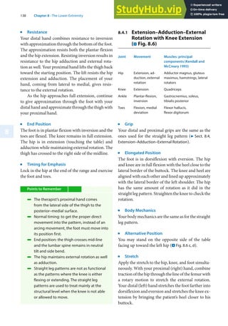 138 Chapter 8 · The Lower Extremity
8
j
Resistance
Your distal hand combines resistance to inversion
with approximation through the bottom of the foot.
The approximation resists both the plantar flexion
and the hip extension. Resisting inversion results in
resistance to the hip adduction and external rota-
tion as well. Your proximal hand lifts the thigh back
toward the starting position. The lift resists the hip
extension and adduction. The placement of your
hand, coming from lateral to medial, gives resis-
tance to the external rotation.
As the hip approaches full extension, continue
to give approximation through the foot with your
distal hand and approximate through the thigh with
your proximal hand.
j
End Position
The foot is in plantar flexion with inversion and the
toes are flexed. The knee remains in full extension.
The hip is in extension (touching the table) and
adduction while maintaining external rotation. The
thigh has crossed to the right side of the midline.
j
Timing for Emphasis
Lock in the hip at the end of the range and exercise
the foot and toes.
Points to Remember
4 The therapist’s proximal hand comes
from the lateral side of the thigh to the
posterior–medial surface.
4 Normal timing: to get the proper direct
movement into the pattern, instead of an
arcing movement, the foot must move into
its position first.
4 End position: the thigh crosses mid-line
and the lumbar spine remains in neutral
tilt and side bend.
4 The hip maintains external rotation as well
as adduction.
4 Straight leg patterns are not as functional
as the patterns where the knee is either
flexing or extending. The straight leg
patterns are used to treat mainly at the
structural level when the knee is not able
or allowed to move.
8.4.1 Extension–Adduction–External
Rotation with Knee Extension
(. Fig. 8.6)
Joint Movement Muscles: principal
components (Kendall and
McCreary 1993)
Hip Extension, ad-
duction, external
rotation
Adductor magnus, gluteus
maximus, hamstrings, lateral
rotators
Knee Extension Quadriceps
Ankle Plantar-flexion,
inversion
Gastrocnemius, soleus,
tibialis posterior
Toes Flexion, medial
deviation
Flexor hallucis,
flexor digitorum
j
Grip
Your distal and proximal grips are the same as the
ones used for the straight leg pattern (7 Sect. 8.4,
Extension–Adduction–External Rotation).
j
Elongated Position
The foot is in dorsiflexion with eversion. The hip
and knee are in full flexion with the heel close to the
lateral border of the buttock. The knee and heel are
aligned with each other and lined up approximately
with the lateral border of the left shoulder. The hip
has the same amount of rotation as it did in the
straight leg pattern. Straighten the knee to check the
rotation.
j
Body Mechanics
Your body mechanics are the same as for the straight
leg pattern.
j
Alternative Position
You may stand on the opposite side of the table
facing up toward the left hip (. Fig. 8.6 c, d).
j
Stretch
Apply the stretch to the hip, knee, and foot simulta-
neously. With your proximal (right) hand, combine
traction of the hip through the line of the femur with
a rotary motion to stretch the external rotation.
Your distal (left) hand stretches the foot farther into
dorsiflexion and eversion and stretches the knee ex-
tension by bringing the patient’s heel closer to his
buttock.
 