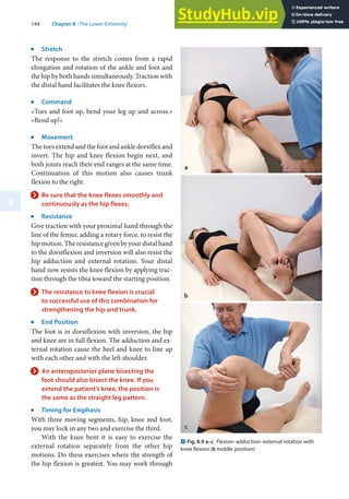 144 Chapter 8 · The Lower Extremity
8
j
Stretch
The response to the stretch comes from a rapid
elongation and rotation of the ankle and foot and
the hip by both hands simultaneously. Traction with
the distal hand facilitates the knee flexors.
j
Command
»Toes and foot up, bend your leg up and across.«
»Bend up!«
j
Movement
The toes extend and the foot and ankle dorsiflex and
invert. The hip and knee flexion begin next, and
both joints reach their end ranges at the same time.
Continuation of this motion also causes trunk
flexion to the right.
> Be sure that the knee flexes smoothly and
continuously as the hip flexes.
j
Resistance
Give traction with your proximal hand through the
line of the femur, adding a rotary force, to resist the
hip motion. The resistance given by your distal hand
to the dorsiflexion and inversion will also resist the
hip adduction and external rotation. Your distal
hand now resists the knee flexion by applying trac-
tion through the tibia toward the starting position.
> The resistance to knee flexion is crucial
to successful use of this combination for
strengthening the hip and trunk.
j
End Position
The foot is in dorsiflexion with inversion, the hip
and knee are in full flexion. The adduction and ex-
ternal rotation cause the heel and knee to line up
with each other and with the left shoulder.
> An anteroposterior plane bisecting the
foot should also bisect the knee. If you
extend the patient’s knee, the position is
the same as the straight leg pattern.
j
Timing for Emphasis
With three moving segments, hip, knee and foot,
you may lock in any two and exercise the third.
With the knee bent it is easy to exercise the
external rotation separately from the other hip
motions. Do these exercises where the strength of
the hip flexion is greatest. You may work through
. Fig. 8.9 a–c Flexion–adduction–external rotation with
knee flexion (b middle position)
 
