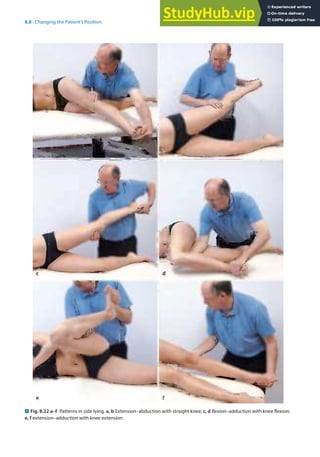 8
159
8.8 · Changing the Patient’s Position
. Fig. 8.22 a–f Patterns in side lying. a, b Extension–abduction with straight knee; c, d flexion–adduction with knee flexion;
e, f extension–adduction with knee extension
 