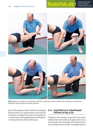 160 Chapter 8 · The Lower Extremity
8
gravity. This position is also useful for exercising hip
hyperextension. Use approximation and resistance
to rotation to facilitate the motion. Resisted poste-
rior depression of the ipsilateral pelvis will help pre-
vent hyperextension of the lumbar spine.
8.8.4 Leg Patterns in a Quadruped
Position (. Fig. 8.23)
Working in this position requires that the patient
stabilizes the trunk and bears weight on the arms as
well as on the non-moving leg. As in the prone posi-
tion, the hip extensor muscles work against gravity.
. Fig. 8.23 a–h Leg patterns in quadruped. a, b Flexion–abduction–internal rotation with knee flexion; c, d Extension–
adduction–external rotation with knee extension
 