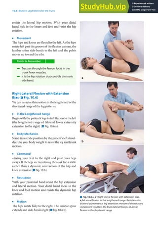 10
189
10.4 · Bilateral Leg Patterns for the Trunk
resists the lateral hip motion. With your distal
hand lock in the knees and feet and resist the hip
rotation.
j
Movement
The hips and knees are flexed to the left. As the hips
rotate left past the groove of the flexion pattern, the
lumbar spine side-bends to the left and the pelvis
moves up toward the ribs.
Points to Remember
4 Traction through the femurs locks in the
trunk flexor muscles.
4 It is the hip rotation that controls the trunk
side bend.
Right Lateral Flexion with Extension
Bias (. Fig. 10.6)
We can exercise this motion in the lengthened or the
shortened range of the leg patterns.
j
In the Lengthened Range
Begin with the patient’s legs in full flexion to the left
(the lengthened range of bilateral lower extremity
extension to the right) (. Fig. 10.6 a).
j
Body Mechanics
Stand in a stride position by the patient’s left shoul-
der. Use your body weight to resist the leg and trunk
motion.
j
Command
»Swing your feet to the right and push your legs
away.« If the legs are too strong then ask for a static
rather than a dynamic contraction of the hip and
knee extension (. Fig. 10.6).
j
Resistance
With your proximal hand resist the hip extension
and lateral motion. Your distal hand locks in the
knee and foot motion and resists the dynamic hip
rotation.
j
Motion
The hips rotate fully to the right. The lumbar spine
extends and side-bends right (. Fig. 10.6 b).
. Fig. 10.6 a–c Right lateral flexion with extension bias.
a, b Lateral flexion in the lengthened range. Resistance to
bilateral asymmetrical leg extension: motion of the rotatory
component results in the trunk lateral flexion. c Lateral
flexion in the shortened range
c
 