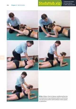 206 Chapter 11 · Mat Activities
11
. Fig. 11.9 a–e Prone on elbows. a, b Moving from the
prone position using resisted arm patterns. c, d moving
from the prone position with facilitation of the scapula;
e stabilization
 