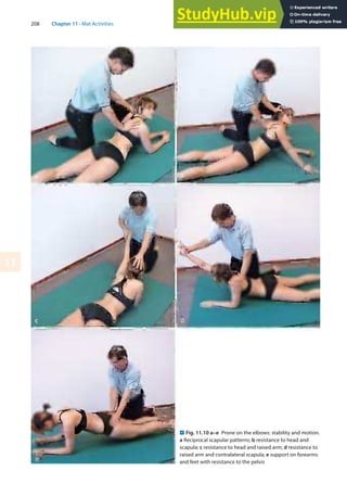 208 Chapter 11 · Mat Activities
11
. Fig. 11.10 a–e Prone on the elbows: stability and motion.
a Reciprocal scapular patterns; b resistance to head and
scapula; c resistance to head and raised arm; d resistance to
raised arm and contralateral scapula; e support on forearms
and feet with resistance to the pelvis
 