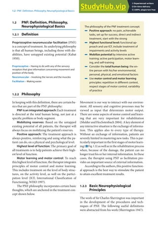 1
11
1.2 · PNF: Definition, Philosophy, Neurophysiological Basics
1.2 PNF: Definition, Philosophy,
Neurophysiological Basics
1.2.1 Definition
Proprioceptive neuromuscular facilitation (PNF)
is a concept of treatment. Its underlying philosophy
is that all human beings, including those with dis-
abilities, have untapped existing potential (Kabat
1950).
Proprioceptive – Having to do with any of the sensory
receptors that give information concerning movement and
position of the body
Neuromuscular – Involving the nerves and the muscles
Facilitation – Making easier
1.2.2 Philosophy
In keeping with this definition, there are certain ba-
sics that are part of the PNF philosophy:
PNF is an integrated approach: Each treatment
is directed at the total human being, not just at a
specific problem or body segment.
Mobilizing reserves: Based on the untapped
existing potential of all patients, the therapist will
always focus on mobilizing the patient’s reserves.
Positive approach: The treatment approach is
always positive, reinforcing and using what the pa-
tient can do, on a physical and psychological level.
Highest level of function: The primary goal of
all treatments is to help patients achieve their high-
est level of function.
Motor learning and motor control: To reach
this highest level of function, the therapist integrates
principles of motor control and motor learning.
This includes treatment on the level of body struc-
tures, on the activity level, as well on the partici-
pation level (ICF, International Classification of
Functioning, WHO 1997).
The PNF philosophy incorporates certain basic
thoughts, which are anchored in the treatment con-
cept shown below.
The philosophy of the PNF treatment concept:
4 Positive approach: no pain, achievable
tasks, set up for success, direct and indirect
treatment, start with the strong
4 Highest functional level: functional ap-
proach and use ICF, include treatment of
impairments and activity levels
4 Mobilize potential by intensive active
training: active participation, motor learn-
ing, and self-training
4 Consider the total human being: the en-
tire person with his/her environmental,
personal, physical, and emotional factors
4 Use motor control and motor learning
principles: repetition in different context,
respect stages of motor control, variability
of practice
Movement is our way to interact with our environ-
ment. All sensory and cognitive processes may be
viewed as input that determines motor output.
There are some aspects of motor control and learn-
ing that are very important for rehabilitation
(Mulder and Hochstenbach 2004). A key element of
any interactive situation is the exchange of informa-
tion. This applies also to every type of therapy.
Without an exchange of information, patients are
severely limited in mastering new tasks. This is par-
ticularly important in the first stages of motor learn-
ing (. Fig. 1.3) as well as in the rehabilitation process
when, because of the damage, the patient can no
longer trust his or her internal information. In these
cases, the therapist using PNF as facilitation pro-
vides an important source of external information.
According to the authors, this positive function-
al approach is the best way to stimulate the patient
to attain excellent treatment results.
1.2.3 Basic Neurophysiological
Principles
The work of Sir Charles Sherrington was important
in the development of the procedures and tech-
niques of PNF. The following useful definitions
were abstracted from his work (Sherrington 1947):
 