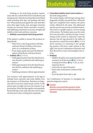 11
227
11.4 · Mat Activities
Working in the hook-lying position requires
some selective control of the lower trunk flexors and
thelegmuscles.Patientsmustkeeptheirkneesflexed
while extending their hips and pushing with their
feet. When patients push against the mats with their
arms, their upper trunk, neck, and upper extremity
muscles are exercised. Resist concentric, eccentric,
and stabilizing contractions to increase strength and
stability in the trunk and lower extremity.
4 Mobility: assuming the hook lying position
If the patient is unable to assume this position in-
dependently:
5 Move from a side-lying position with hips
and knees flexed. Facilitate at the knees,
pelvis or a combination of these
5 From supine, guide and resist the bilateral
pattern of hip flexion with knee flexion
4 Stability (. Fig. 11.31 a)
5 With approximation from the distal femurs
into the pelvis combined with stabilizing re-
sistance
5 With approximation from the distal femurs
into the feet combined with stabilizing re-
sistance
5 Stabilizing resistance without approximation
Use resistance with approximation at the legs to
facilitate lower extremity and trunk stability. Give
the resistance in all directions. Resistance in diago-
nals will recruit more trunk muscle activity. As the
patient gains strength, decrease the amount of ap-
proximation. Resist the legs together and separately.
Resist both legs in the same direction and in oppo-
site directions when working them separately.
4 Controlled mobility: lower trunk rotation in
the hook-lying position
The motion begins with the legs moving down
diagonally (distally) toward the floor. When the
hips have completed their rotation, the pelvis
rotates, followed by the spine. The abdominal
muscles prevent any increase in lumbar lordosis.
The return to upright requires a reverse timing
of the motion. The lumbar spine must de-rotate
first, then the pelvis, and then the legs. Correct
timing of this activity is important. Limit the
distance that the legs descend to the ability of
the patient to control the motion. . Fig. 11.31 b
shows resistance to returning to the upright
leg position with lower trunk rotation to the
right. You can use Combination of Isotonics and
Slow Reversals to teach and strengthen this ac-
tivity.
4 Bridging
5 Stabilize the pelvis in its neutral position with
resistance in all directions (. Fig. 11.32 a, b,
resisting from below; . Fig. 11.32 c, d, resis-
ting from above)
5 Lead with one side of the pelvis
5 Resist static and dynamic rotation of the
pelvis
5 Scoot the pelvis from side to side
Use Combination of Isotonics to strengthen the
patient’s antigravity control.
> Caution
Monitor and control the position of the
patient’s lumbar spine while the pelvis is
elevated.
 