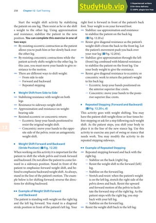 258 Chapter 12 · Gait Training
12
Start the weight shift activity by stabilizing
the patient on one leg. Then resist as he or she shift
s weight to the other leg. Using approximation
and resistance, stabilize the patient in the new
position. You can complete this exercise in one of
two ways:
4 By resisting eccentric contraction as the patient
allows you to push him or her slowly back over
the other leg.
4 By resisting concentric contractions while the
patient actively shifts weight to the other leg. In
this case, you must move your hands to give re-
sistance to the motion.
4 There are different ways to shift weight:
5 From side to side
5 Forward and backward
5 Repeated stepping
j
Weight Shift from Side to Side
4 Stabilizing resistance with weight on both
legs
4 Resistance to sideways weight shift
4 Approximation and resistance on weight-
bearing side
4 Resisted eccentric or concentric return:
5 Eccentric: keep your hands positioned to
resist the original weight shift.
5 Concentric: move your hands to the oppo-
site side of the pelvis; resist an antagonistic
weight shift.
j
Weight Shift Forward and Backward
(Stride Position) (. Fig. 12.20)
When working on this activity it is important for the
patient to shift the whole pelvis and trunk forward
and backward. Do not allow the patient to come for-
ward in a sideways position. Stand in front of the
patient to emphasize forward weight shift, and be-
hind to emphasize backward weight shift. As always,
stand in the line of the patient’s motion. The exam-
ple below is for shifting forward; reverse the direc-
tions for shifting backward.
k
Example of Weight Shift Forward
and Backward
The patient is standing with weight on the right leg
and the left leg forward. You stand in a diagonal
stride position in front of the patient’s left leg. Your
right foot is forward in front of the patient’s back
foot. Your weight is on your forward foot.
4 Stabilize: use approximation and resistance
to stabilize the patient on the back leg
(. Fig. 12.20 a)
4 Resist: give diagonal resistance as the patient’s
weight shift s from the back to the front leg. Let
the patient’s movement push you back over
your rear leg (. Fig. 12.20 b).
4 Stabilize: give approximation through the left
(front) leg combined with bilateral resistance
to stabilize the patient on the front leg. Use
your body weight to give the resistance.
4 Resist: give diagonal resistance to eccentric or
concentric work to return the patient’s weight
to his back leg:
5 Eccentric: keep your hands positioned on
the anterior superior iliac crests.
5 Concentric: move your hands to the poste-
rior superior iliac crests.
j
Repeated Stepping (Forward and Backward)
(. Fig. 12.20 c, d)
This activity goes with weight shifting. You may
have the patient shift weight three or four times be-
fore stepping or ask for a step following each weight
shift. As the patient steps, you shift your body to
place it in the line of the new stance leg. Use this
activity to exercise any part of swing or stance that
needs work. You may modify the activity to do
repeated stepping sideways.
k
Example of Repeated Stepping
4 Repeated stepping forward and back with the
right leg.
5 Stabilize on the back (right) leg.
5 Resist the weight shift to the forward (left)
leg.
5 Stabilize on the forward leg.
5 Stretch and resist: when the patient’s weight
is on the left leg, stretch the right side of the
pelvis down and back. Resist the upward
and forward motion of the pelvis to facili-
tate the forward step of the right leg. As the
patient steps with the right leg, you step
back with your left leg.
5 Stabilize on the forward leg.
4 Resist the weight shift back to the left leg:
 