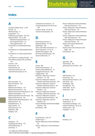 310 Service Section
Index
A
activities of daily living 5, 294
Activity 54
Afterdischarge 12
amputation 271
Ankylosing spondylitis 234, 270
Approximation 24, 25, 244
– Maintained approximation 25
– Quick approximation 25
– Slow approximation 25
Arm Patterns in a Kneeling Position
125
Arm Patterns in a Quadruped Position
125
Arm Patterns in a Side-Lying Position
121
Arm Patterns in a Sitting Position 124
Arm Patterns Lying Prone on Elbows
124
armrests 249
Assessment 54
Asymmetrical 66
Asymmetrical Exercise 86
Asymmetrical reciprocal 66
B
Basic principles 16
Basic Procedures 128
Bilateral 66
Bilateral Arm Patterns 119
Bilateral Asymmetrical 120
Bilateral Asymmetrical Reciprocal 120
Bilateral Leg Patterns 152
Bilateral Leg Patterns for the Trunk 185
Bilateral Symmetrical 120
Bilateral Symmetrical Reciprocal 120
Body functions 54
Body Mechanics 22
Body Position 22
Body structures 54
Breathing 288
Bridging 225
C
Chopping 179
Chopping and Lifting 179
Clinical Reasoning 4
Clinimetry 4
Flexion–Abduction–Internal Rotation
with Knee Extension 134
Flexion–Abduction–Internal Rotation
with Knee Flexion 132
Flexion–Adduction–External Rotation
105, 142
Flexion–Adduction–External Rotation
with Knee Extension 145
Flexion–Adduction–External Rotation
with Knee Flexion 143
Flexion/Left Lateral Flexion/Left
Rotation 166
Flexion to the Left, Extension to the
Right 166
frontal plane 242
G
gag reflex 286
Gait Analysis 242
getting up from the floor 263
H
Half-Kneeling 219
hamstrings 241
Hands-and-Feet Position 221
heel strike 238
hemiplegia 268
hip abductor 241
Hold–Relax 47, 48
hyoid bone 288
I
ICF Model 2, 54, 302
Impairments 54
incomplete paraplegia 272
Indirect Treatment 46, 47, 57
initial contact 238
Irradiation 12, 18
K
Kneeling 213
Combination of Isotonics 35
Combining Patterns for the Trunk
190
Contract–Relax 45, 46, 48
coronal or frontal plane 64
D
Declarative Learning 6
Diagonal Motion 91, 128
Diaphragm 290
Direct and Indirect Treatment 57
Direct Treatment 45, 47, 57
double limb support 238
Dressing and Undressing 297
Dynamic Reversals 37
E
eating 286
Environmental factors 54
Evidence-Based Medicine 10
exaggerated exercises 305
exaggerations 244
Extension–Abduction–Internal
Rotation 111, 146
Extension–Abduction–Internal
Rotation with Knee Extension 149
Extension–Abduction–Internal
Rotation with Knee Flexion 150
Extension–Adduction–External
Rotation 136
Extension–Adduction–External
Rotation with Knee Extension 138
Extension–Adduction–External
Rotation with Knee Flexion 140
Extension–Adduction–Internal
Rotation 99
Extension/Right Lateral Flexion/Right
Rotation 168
Eye Muscles 286
F
Facial Muscles 276, 277
Feedforward 7
Flexion–Abduction–External Rotation
93
Flexion–Abduction–Internal Rotation
130
S.S. Adler et al., PNF in practice,
DOI 10.1007/978-3-642-34988-1, © Springer-Verlag Berlin Heidelberg 2014
 