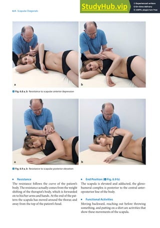 6
77
6.4 · Scapular Diagonals
j
Resistance
The resistance follows the curve of the patient’s
body. The resistance actually comes from the weight
shifting of the therapist’s body, which is forwarded
on to his/her arms and hands. At the end of the pat-
tern the scapula has moved around the thorax and
away from the top of the patient’s head.
j
End Position (. Fig. 6.9 b)
The scapula is elevated and adducted, the gleno-
humeral complex is posterior to the central anter-
oposterior line of the body.
j
Functional Activities
Moving backward, reaching out before throwing
something, and putting on a shirt are activities that
show these movements of the scapula.
. Fig. 6.8 a, b Resistance to scapular anterior depression
. Fig. 6.9 a, b Resistance to scapular posterior elevation
 